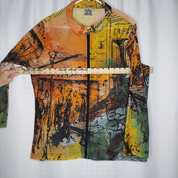Parsley Sage Mesh Jacket Large Orange Stretch Abstract Cityscape Long Sleeve Art - Picture 4 of 11